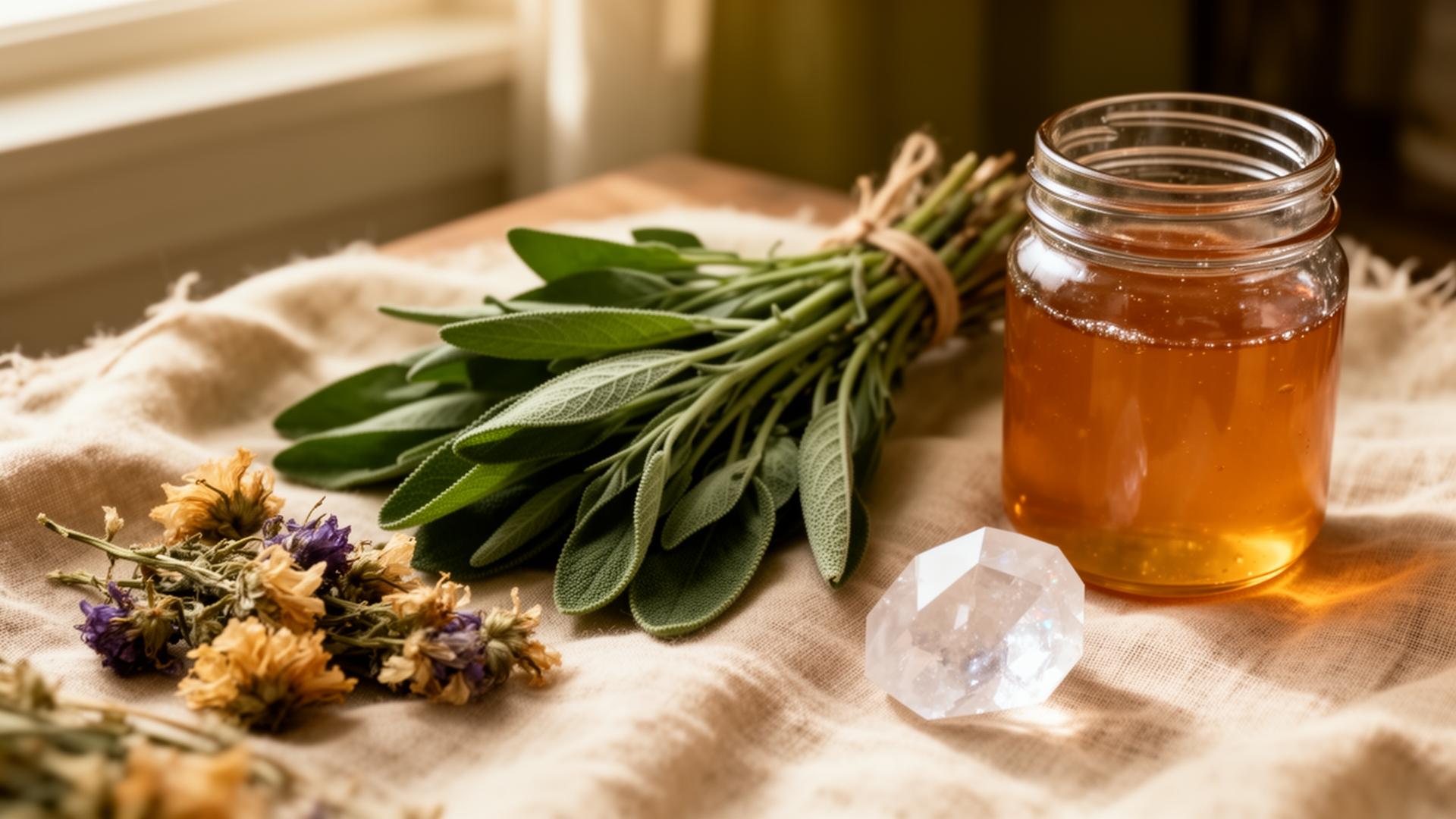 Sage, dried flowers, raw honey and clear quartz on linen
